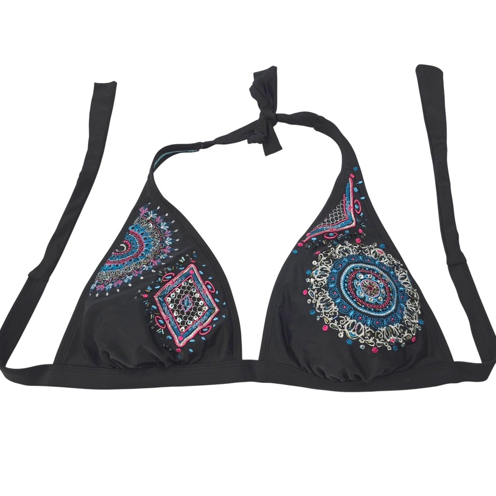 Women Size M Halter Bikini Top Black Embroidered Beaded Tie Back Boho